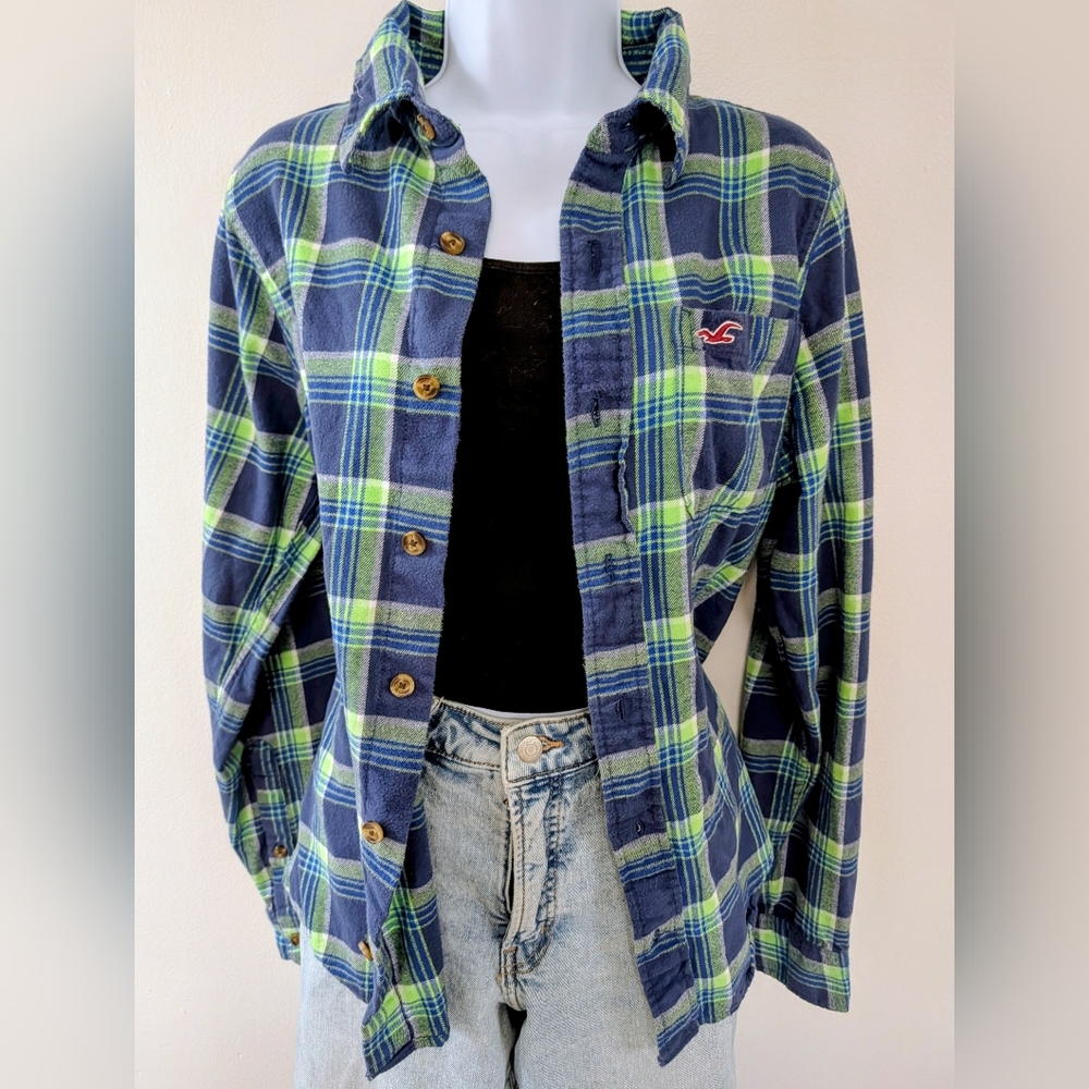 Y2K Hollister Blue & Lime Plaid Flannel
